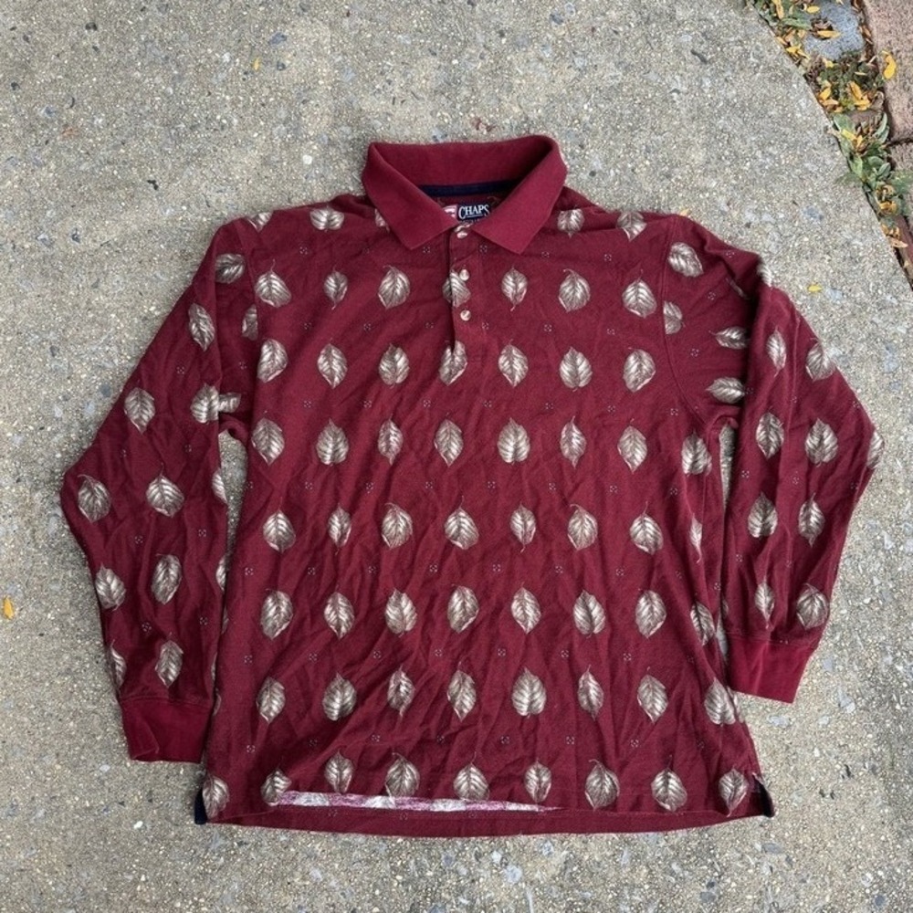 Chaps Ralph Lauren Mens Large Burgundy Leaf Print Long Sleeve Polo Shirt Cotton